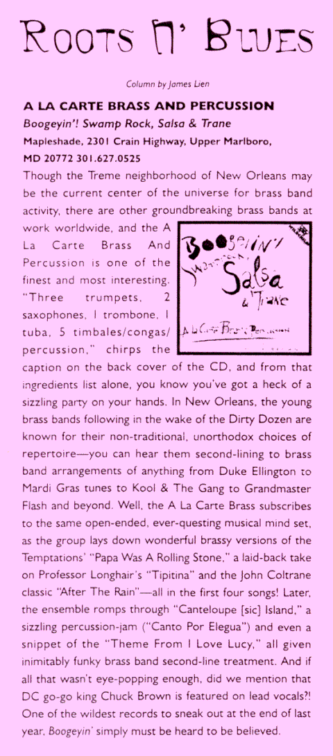 Review of A La Carte's
first CD, "Boogeyin!"