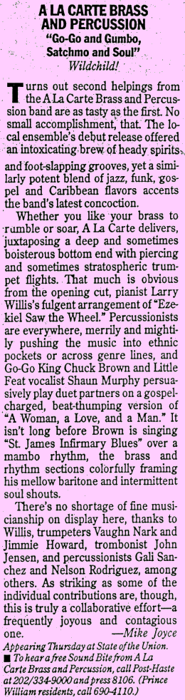 Review of
 A La Carte's second CD, "Go Go & Gumbo, Satchmo 'N
Soul"